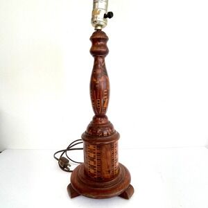 Vintage Marquetry Inlay Turned Wood Table Lamp Tripod Base Geometric Parquetry